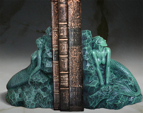 Mermaid Bookends Sculptures - in Antique Green Finish - Jun's Deco