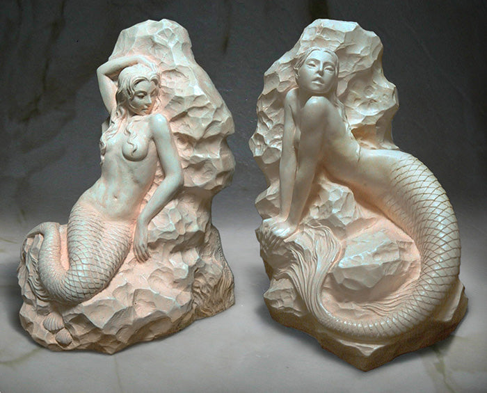 Mermaid Bookends Sculptures - in Ivory Finish - Jun's Deco