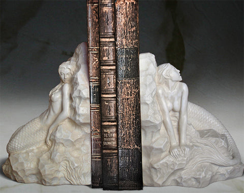 Mermaid Bookends Sculptures - in Ivory Finish - Jun's Deco
